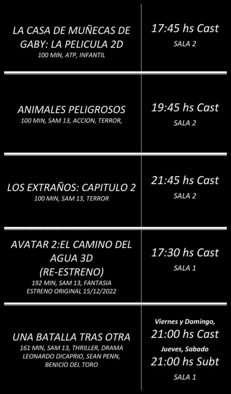 carteleda de cine oasisi en pinamar octubre